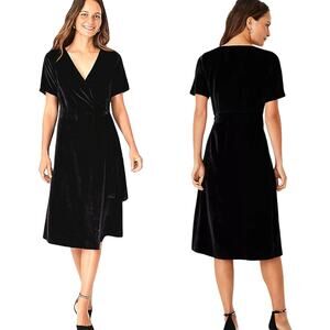 Ann Taylor Dress Womens Size 10 Black Midi Velvet Wrap Tie Short Sleeve Cocktail